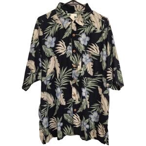 Banana Cabana Mens XL Shirt Black Tropical Floral Palms 100% Silk Short Sleeve